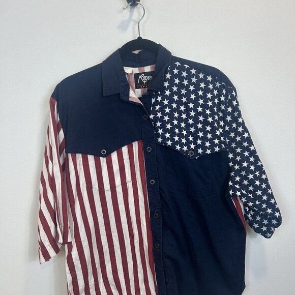 Vtg 80’s ROPER Sport Button Front Shirt Sz 17 Large American Flag Made In USA - Picture 2 of 10